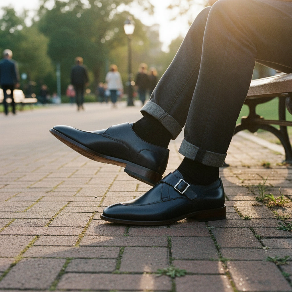 Handmade Men's Navy Blue Leather Monk Dress Shoes