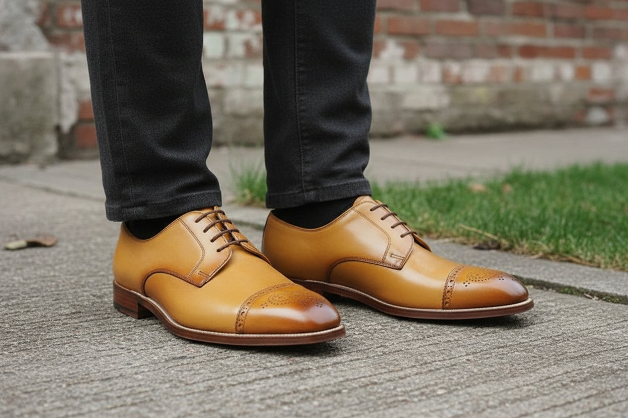 Handmade Men Tan Color Oxford Brogue Formal Dress Shoes