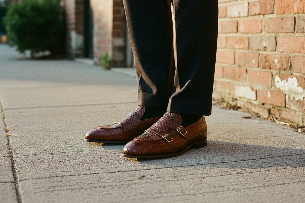 Handmade Tan Crocodile Leather Double Monk Formal Dress Shoes