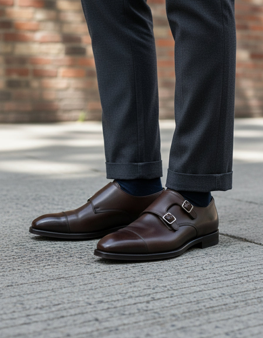 Handcrafted Men's Dark Brown Double Monk Formal Shoes