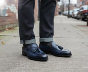 Men Navy Blue Leather Dress Shoes, Men Leather Formal Tassel Moccasins