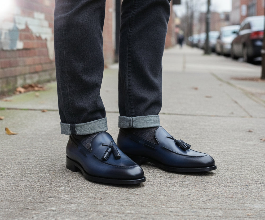Men Navy Blue Leather Dress Shoes, Men Leather Formal Tassel Moccasins