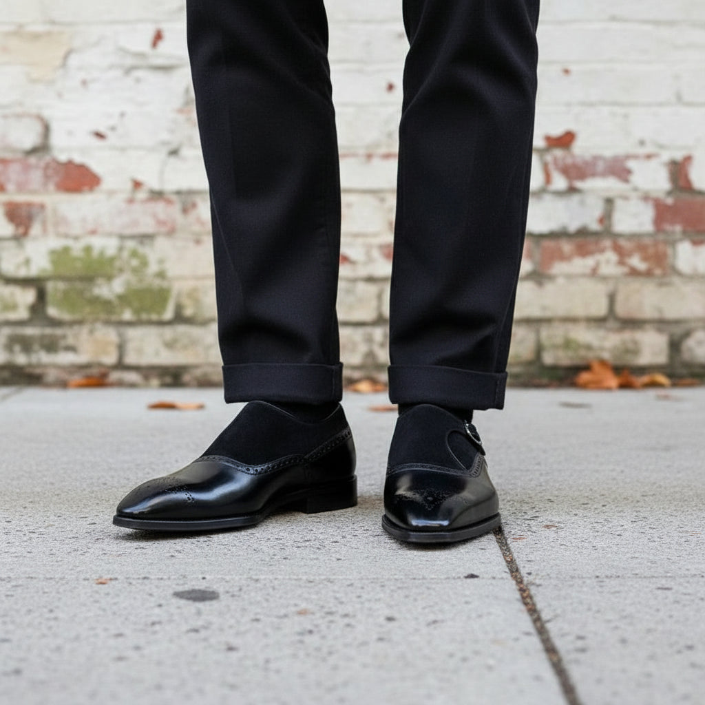 Handmade Men's Black Leather and Suede Formal Monk Shoes