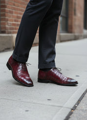 Men's Burgundy Lace-up Crocodile Pattern Dress Shoes