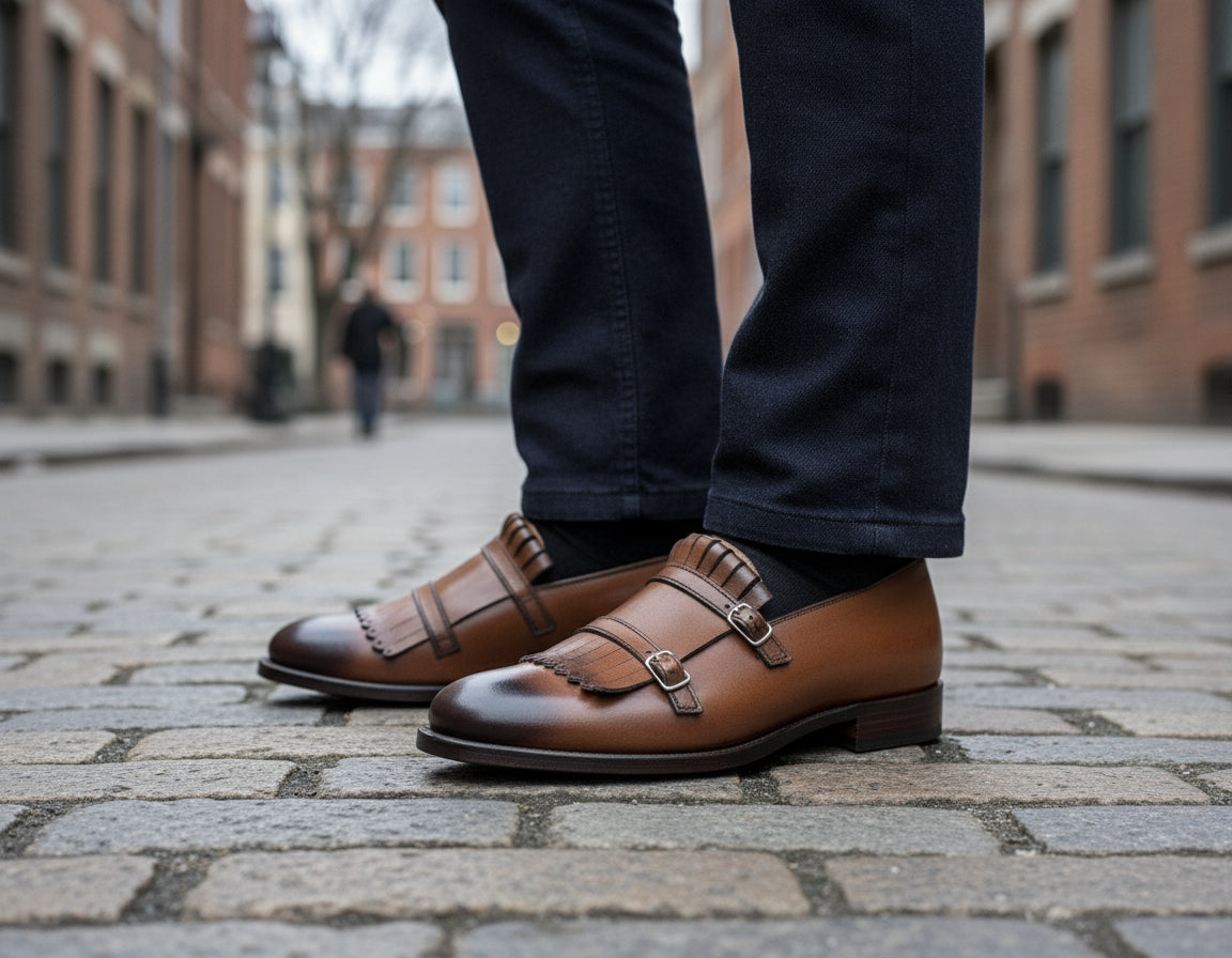Men's Brown Leather Monk Strap Fringe Shoes