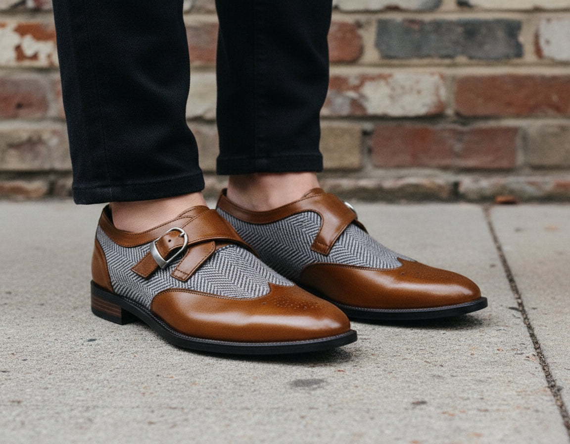 Men's Two-Tone Leather Wing Tip Monk Dress Shoes