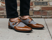 Men's Two-Tone Leather Wing Tip Monk Dress Shoes