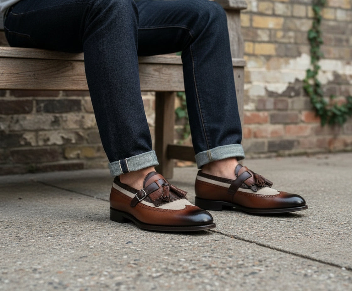 Handmade Mens Two Tone Fringe Shoes,  Real Calf Leather Dress Shoes