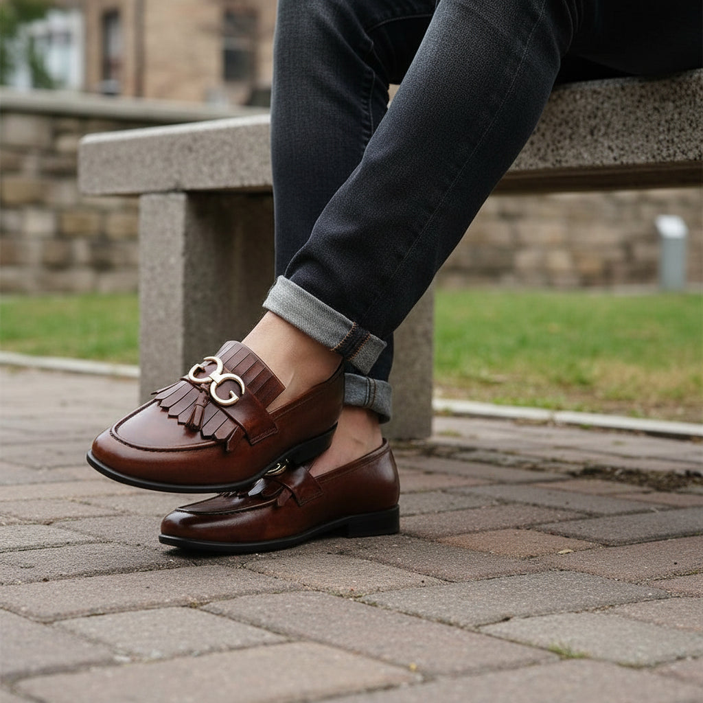 Handcrafted Brown Leather Fringe Moccasins