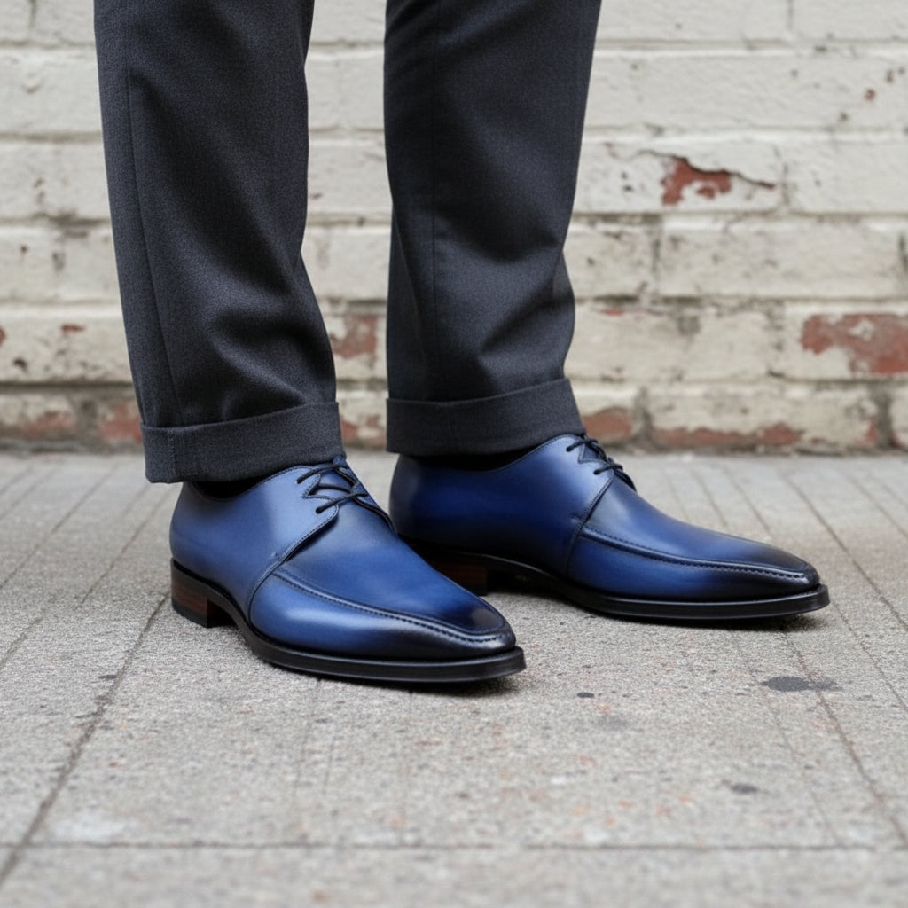 Handmade Men's Blue Derby Lace Up  Office Leather Shoes