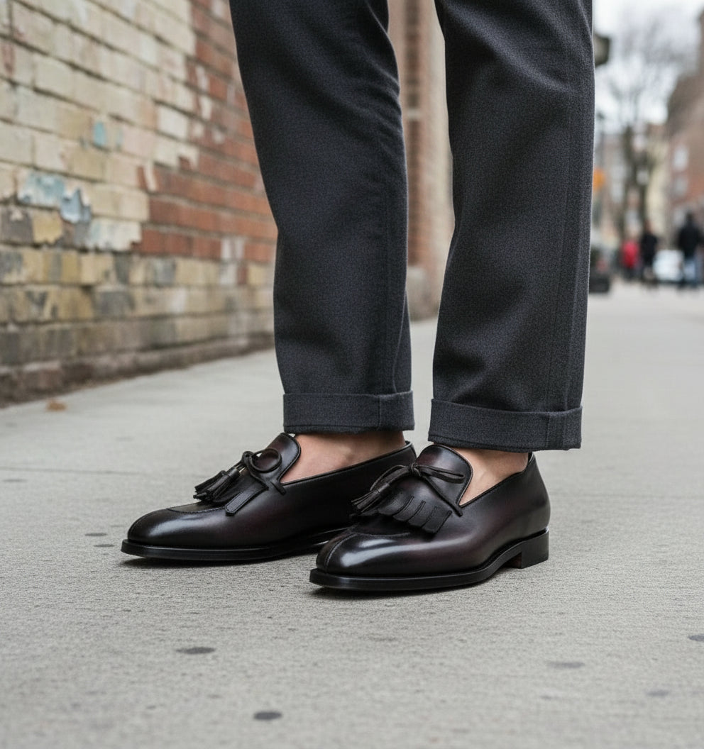 Handmade Men's Black Leather Fringe Moccasins Dress Shoes