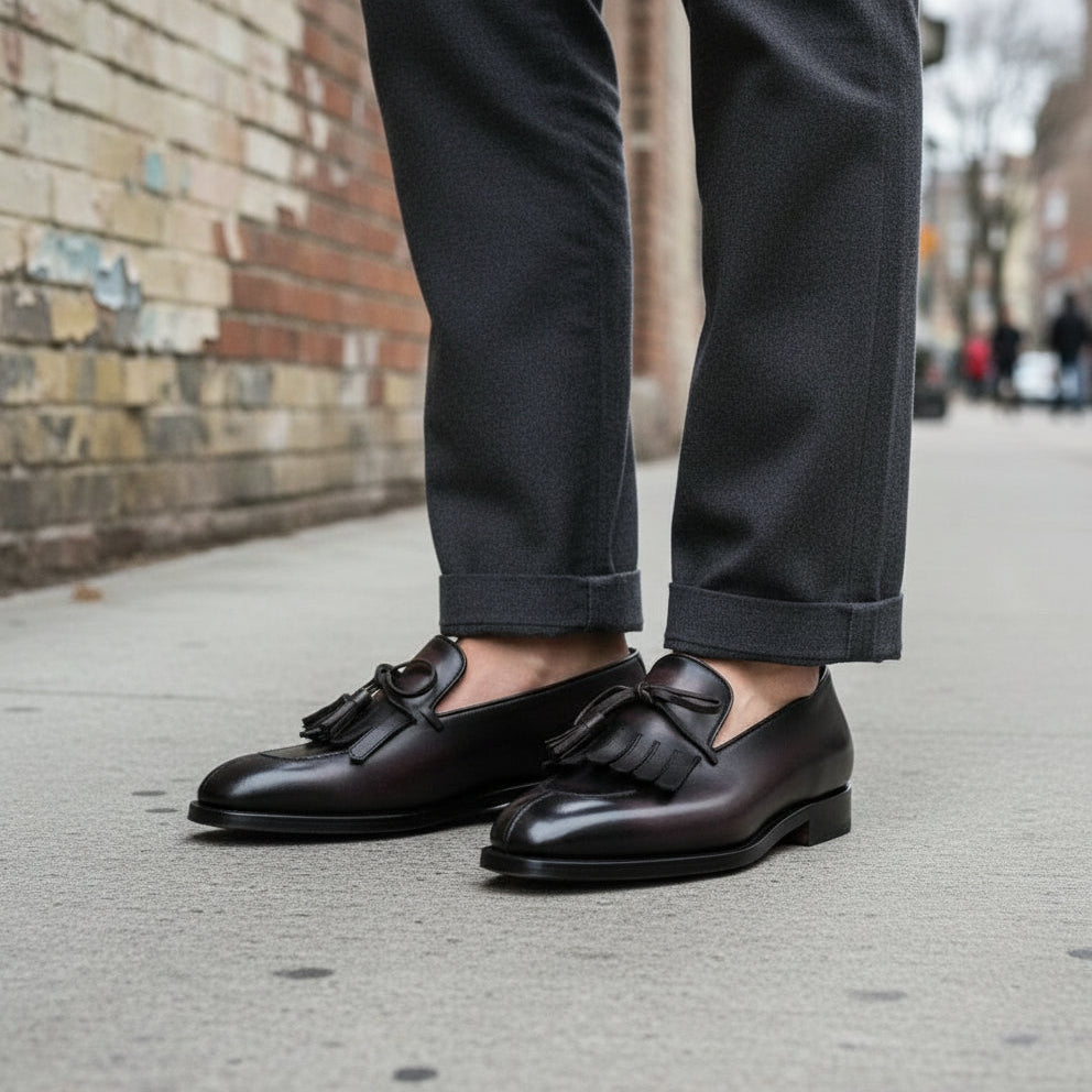 Handmade Men's Black Leather Fringe Moccasins Dress Shoes