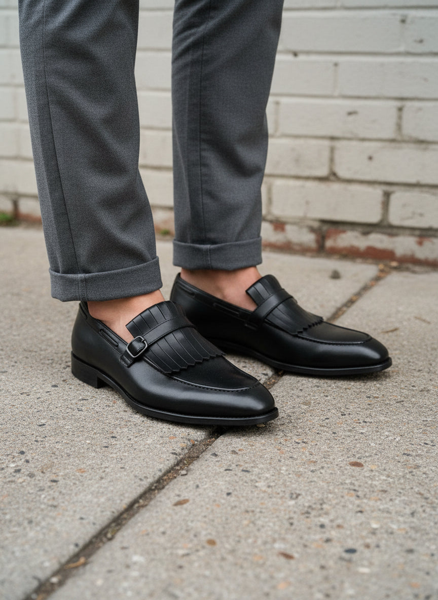 Handcrafted Men's Black Leather Fringe Buckle Loafers