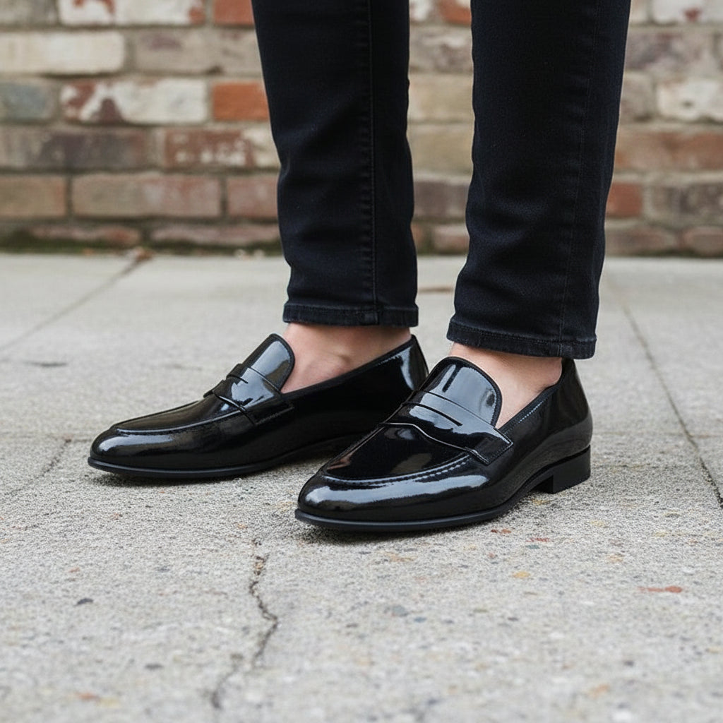 Handmade Men's Patent Leather Shoes - Black Formal Moccasins Loafer