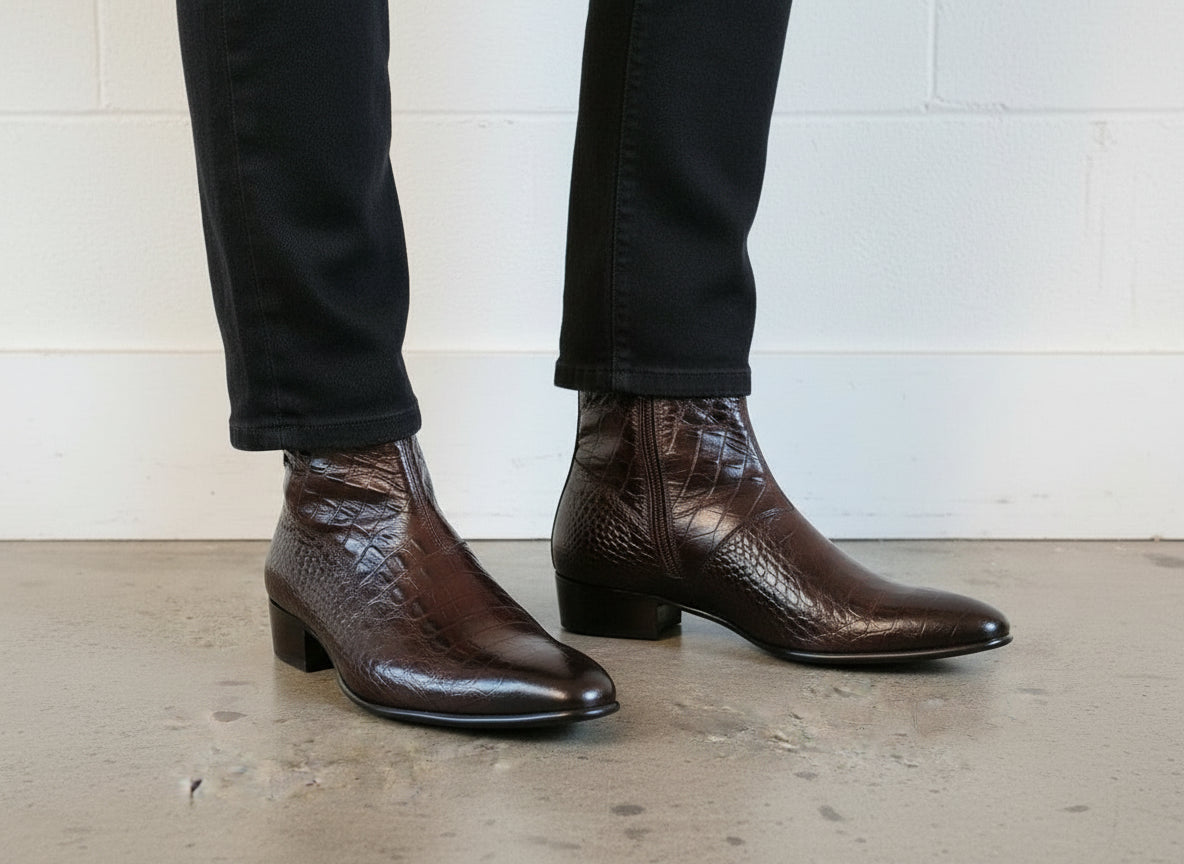 Handmade Men's Brown Classic Alligators  Side Zipper Boots