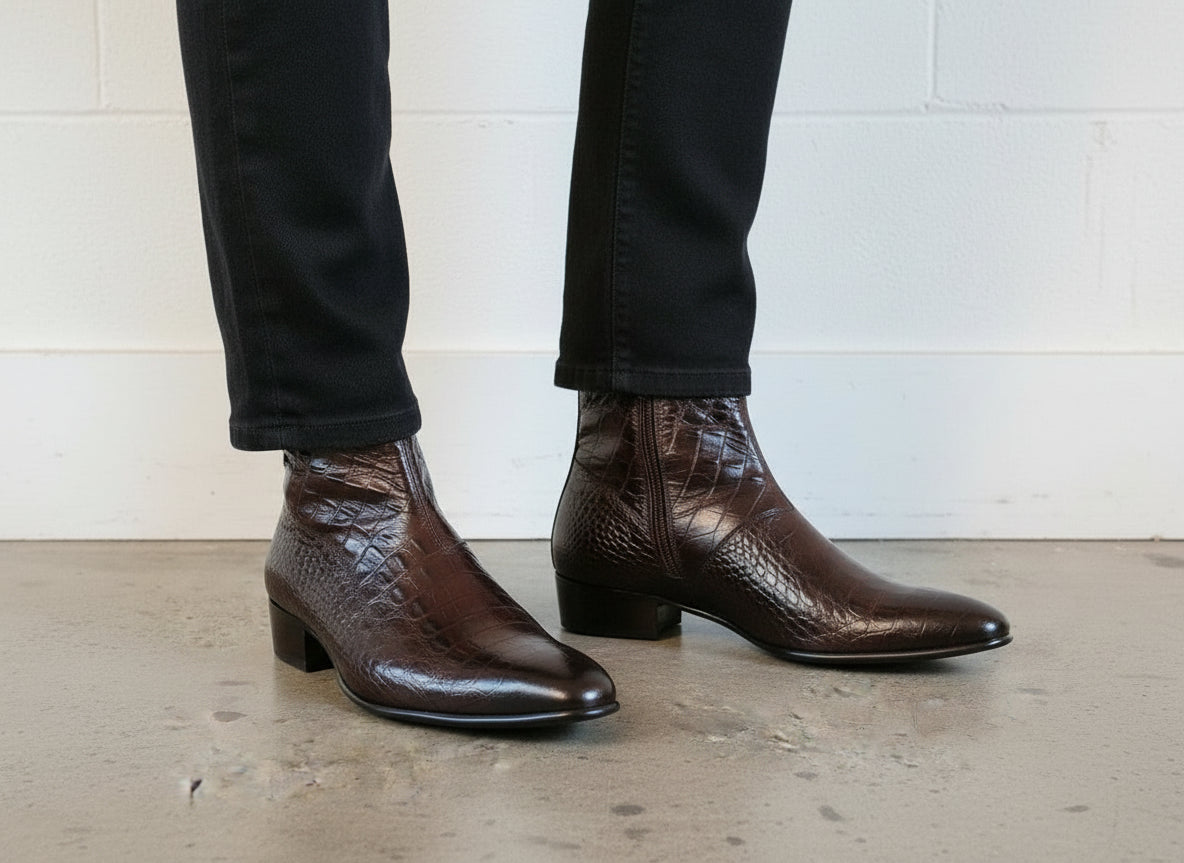 Handmade Men's Brown Classic Alligators  Side Zipper Boots