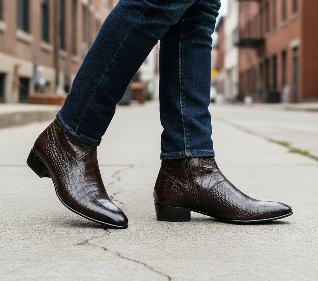 Handmade Men's Brown Classic Alligators  Side Zipper Boots