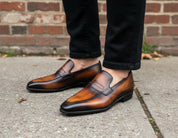 Handmade Men's Tan and Black Almond Toe Moccasin Dress Shoes