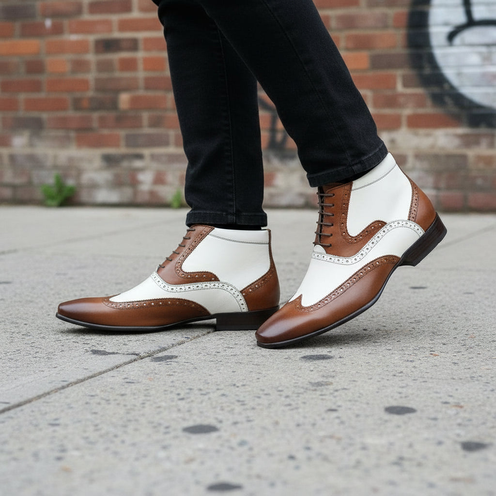 Handcrafted Men's Brown and White Wingtip Ankle Boots