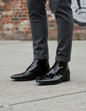 Handmade Men Wing Tip Brogue Patent Leather Lace Up Ankle Boots