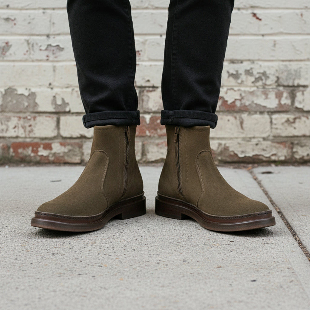 Men's Handmade Olive Green Suede Ankle Boots