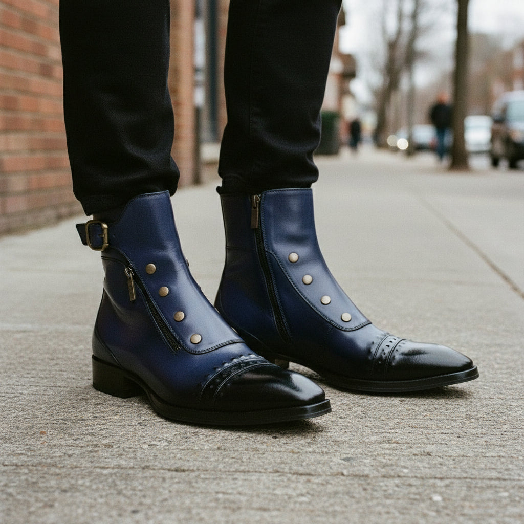 Handmade Men's Blue Leather High Ankle Boots with Side Zipper
