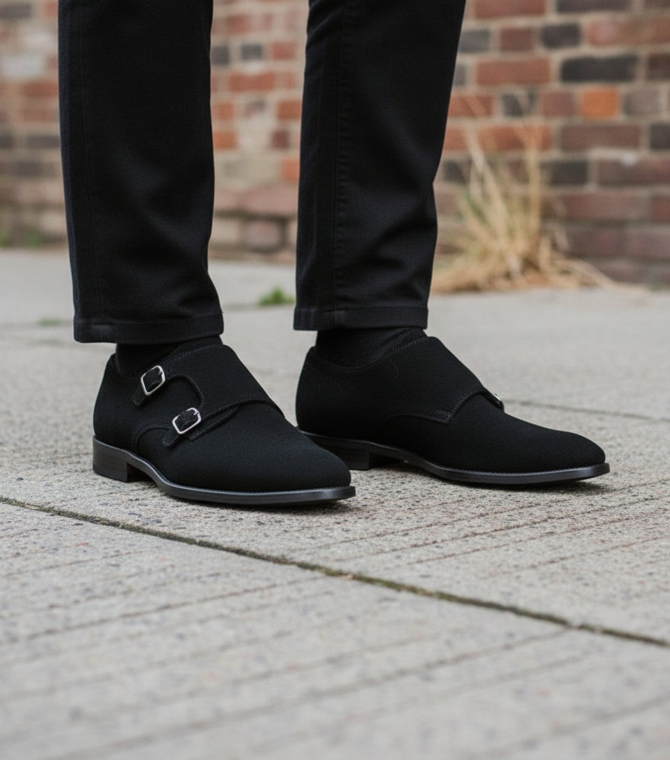 Men's Black Suede Double Monk Dress Shoes