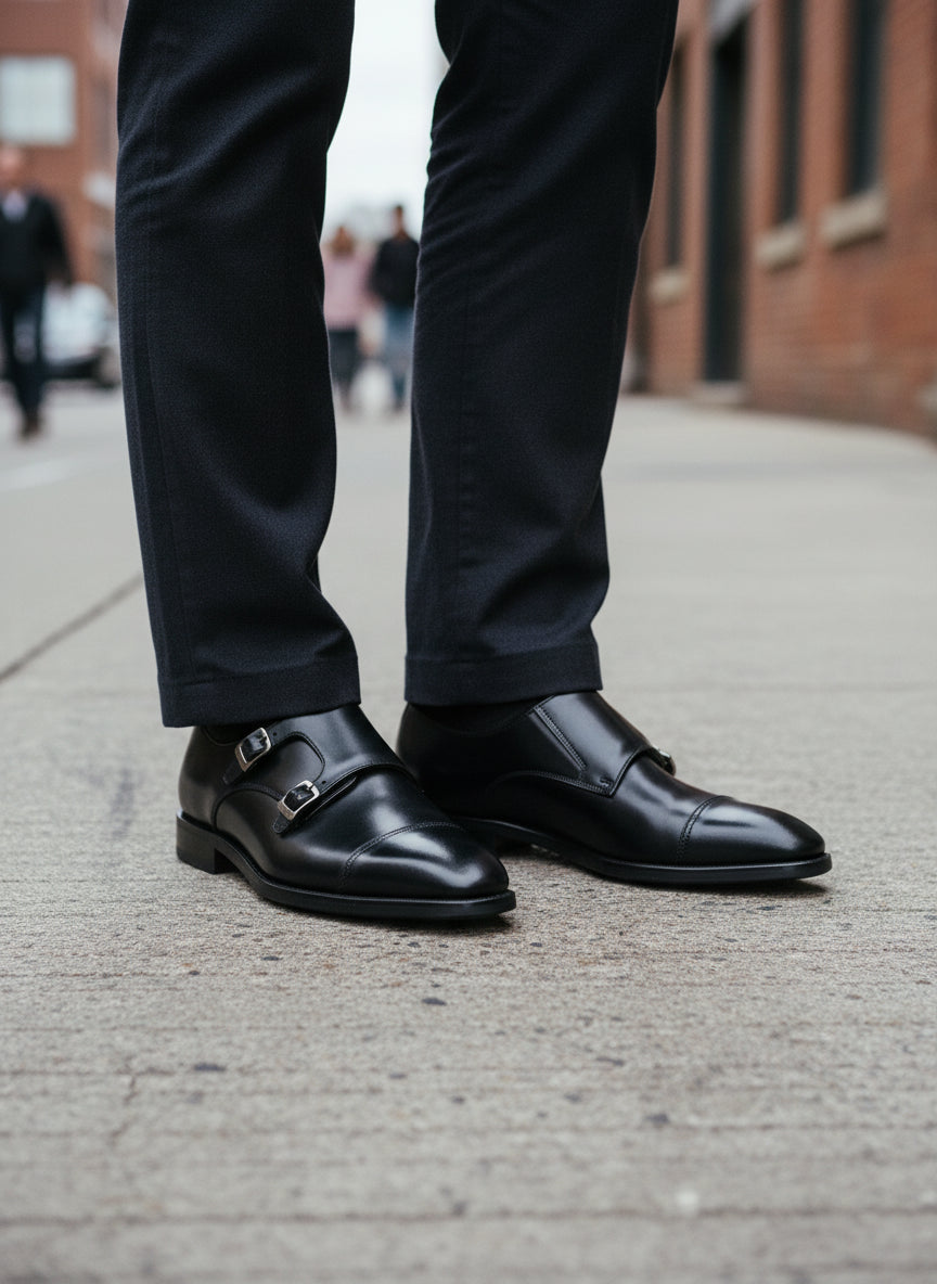 Men's Double Buckle Leather Monk Dress Shoes