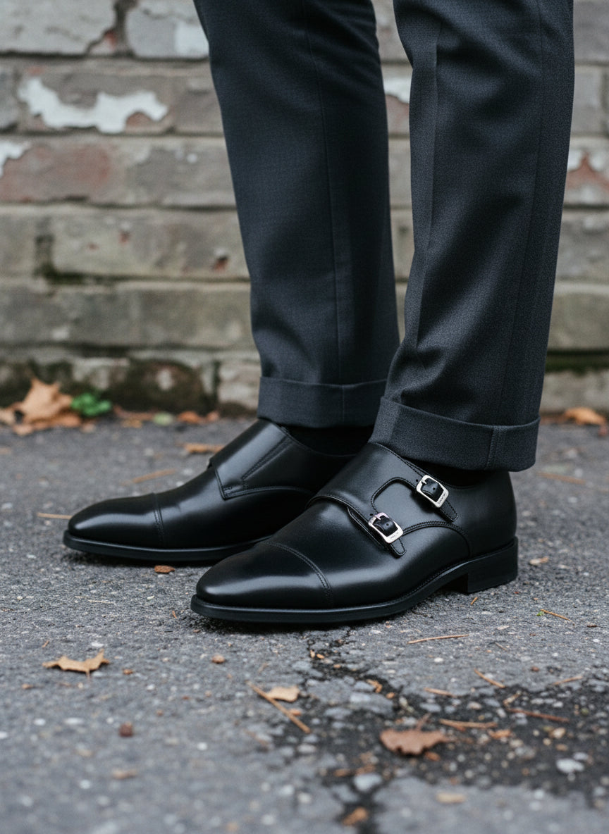 Men's Double Buckle Leather Monk Dress Shoes