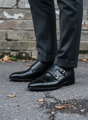 Men's Double Buckle Leather Monk Dress Shoes