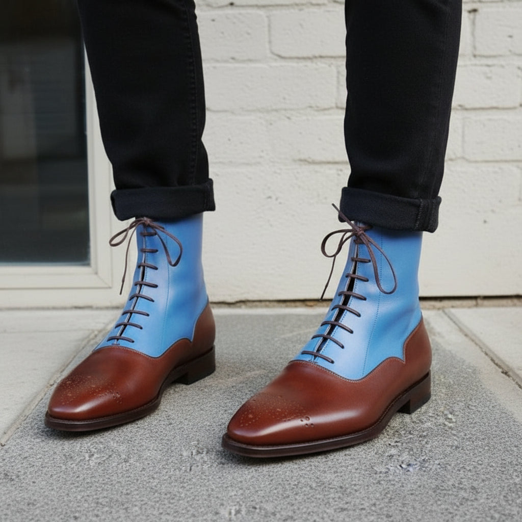 Handcrafted Men's Leather Two-Tone Lace-Up Ankle Boots