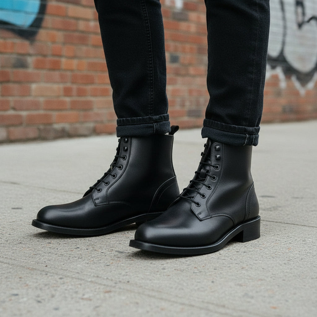Handcrafted Men's Black Leather Lace-Up Ankle Boots