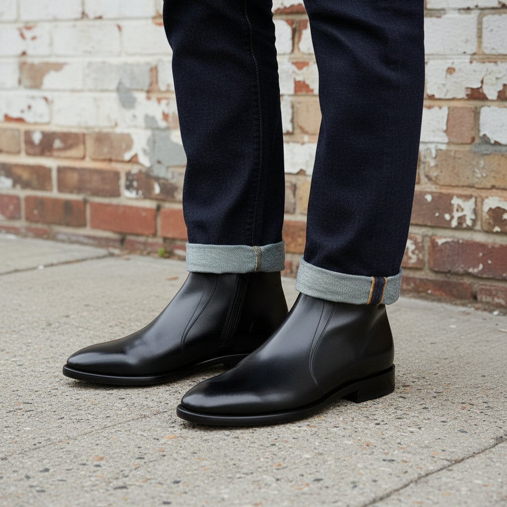 Handmade Men's Black Leather Side Zipper Ankle Boots