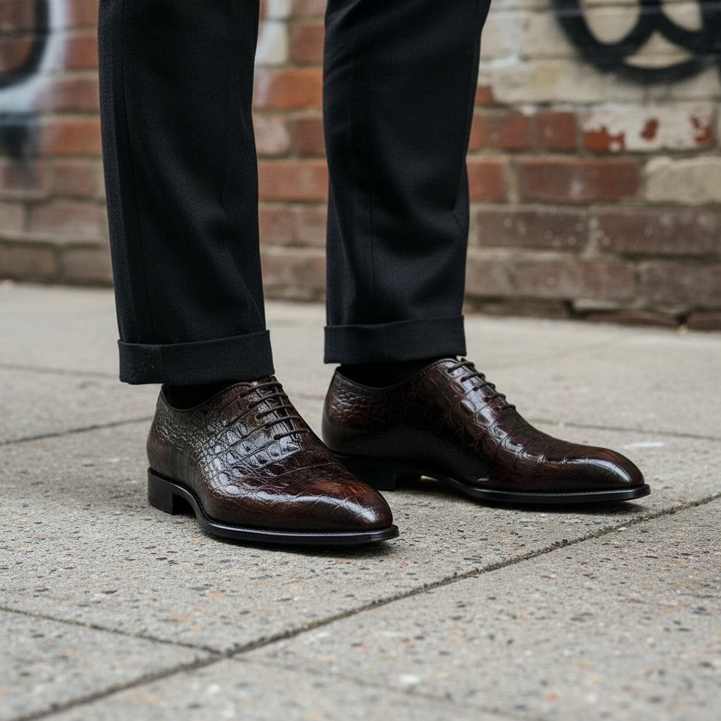 Handmade Mens Brown Crocodile Pattern Dress Shoes, Men Brown Leather Shoes