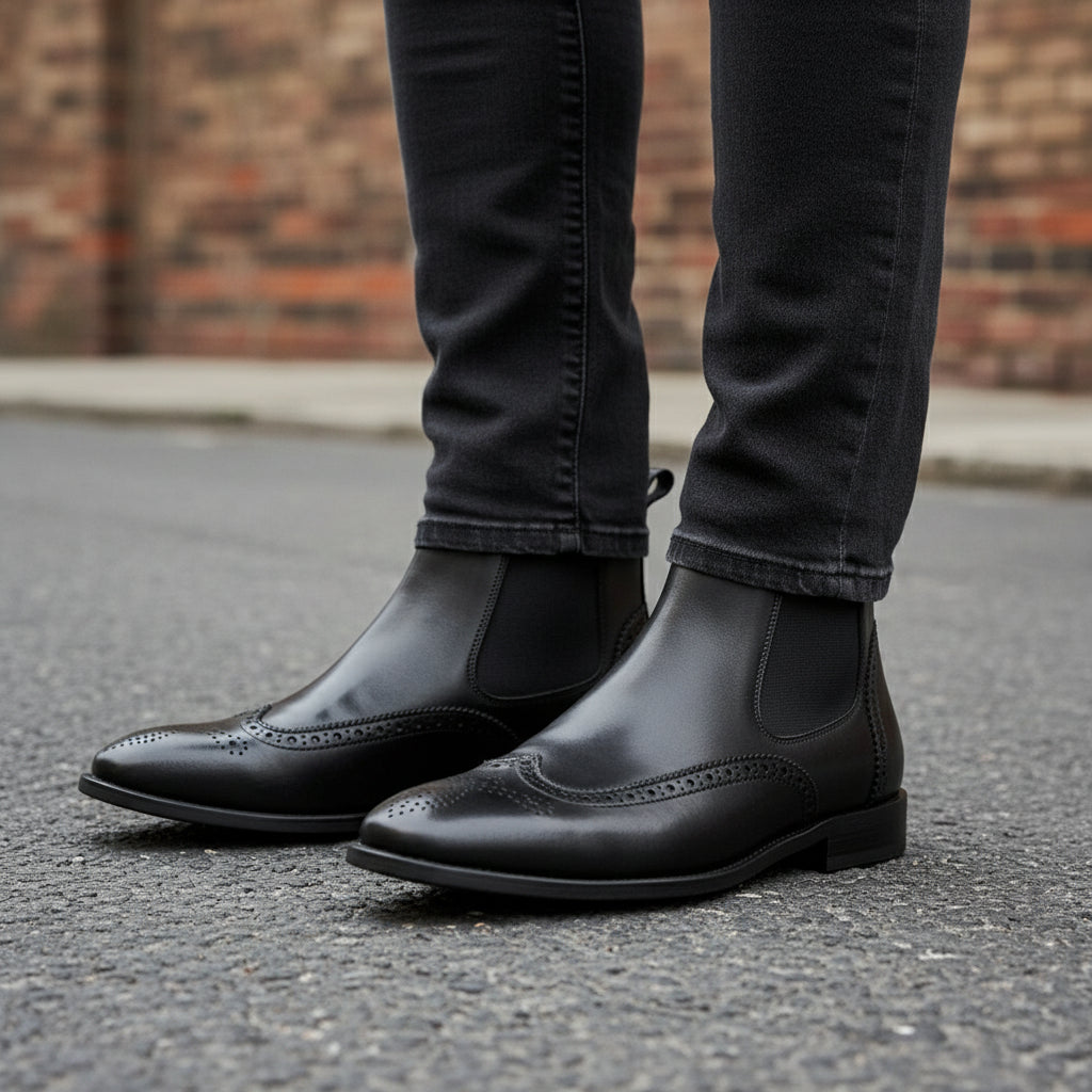 Handmade Men's Full Grain Leather Wingtip Chelsea Boots