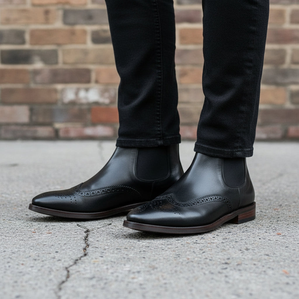 Handmade Men's Full Grain Leather Wingtip Chelsea Boots