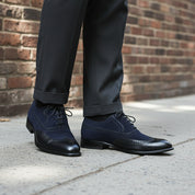 Handcrafted Men's Two-tone Wingtip Dress Shoes in Black and Blue Suede