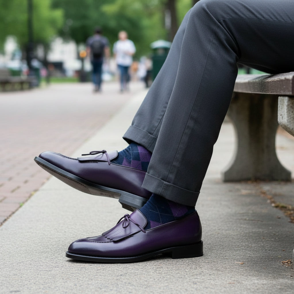 Handmade Men Oxford Fringe Purple Leather Party Shoes Purple Leather Shoes