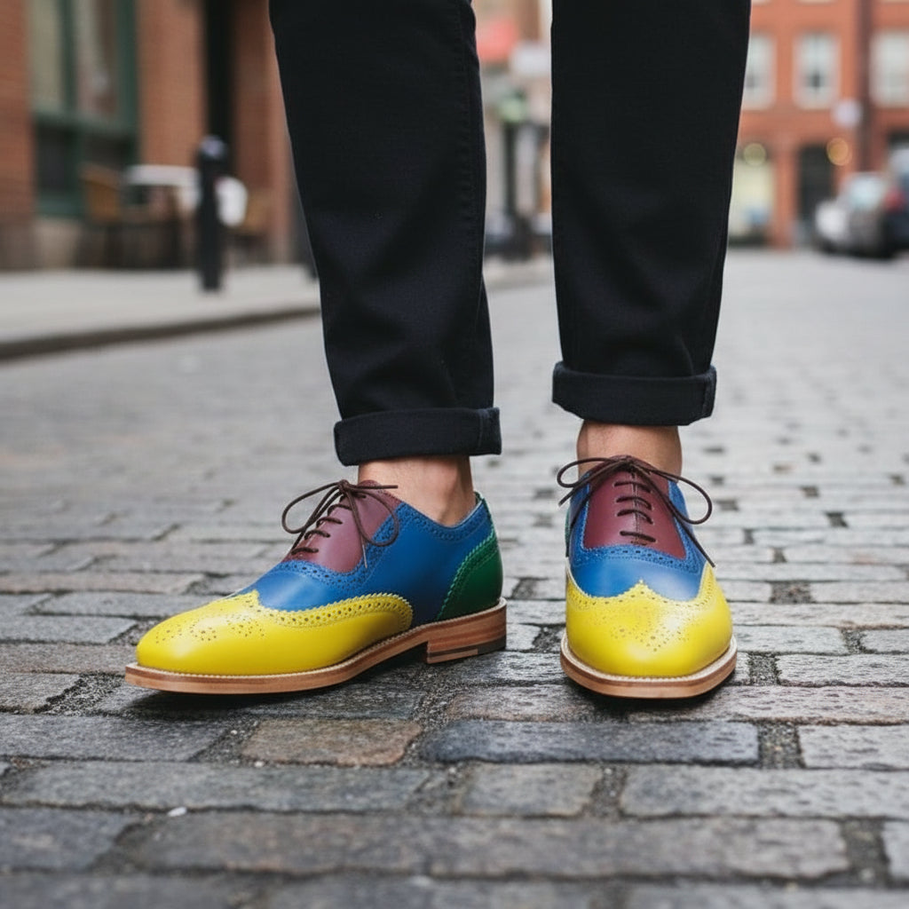Men Handmade Multi Color Leather Brogue Shoes with Lace Up Closure