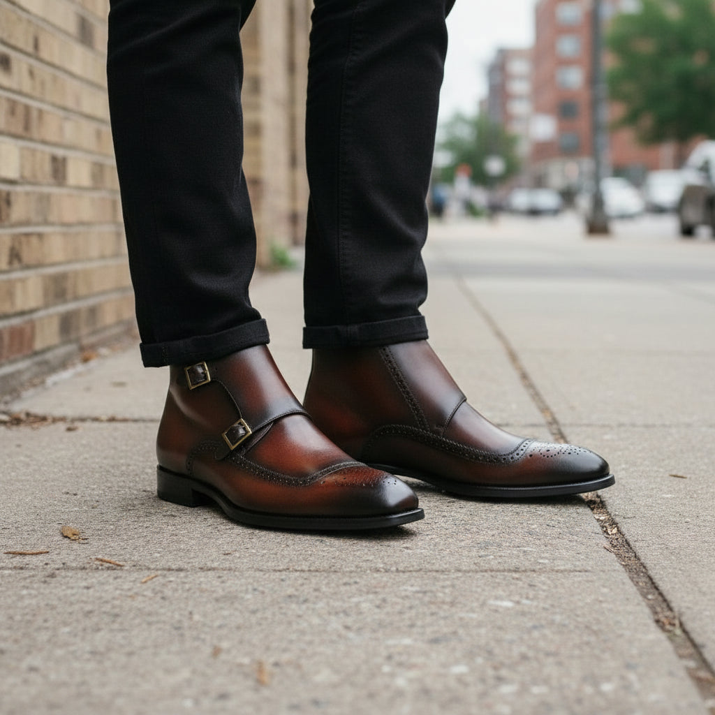 Handmade Men Wingtip Brogue Double Monk Chukka Boots, New Leather Boots