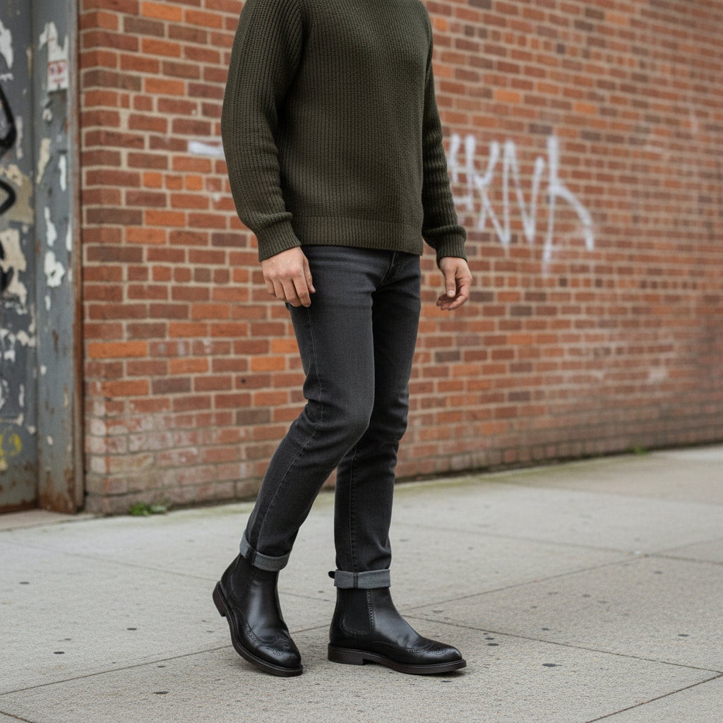 Handmade Men's Full Grain Leather Brogue Chelsea Boots