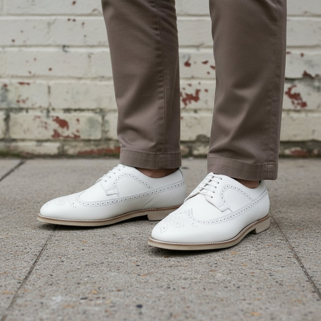 Handcrafted White Brogue Dress Shoes for Men