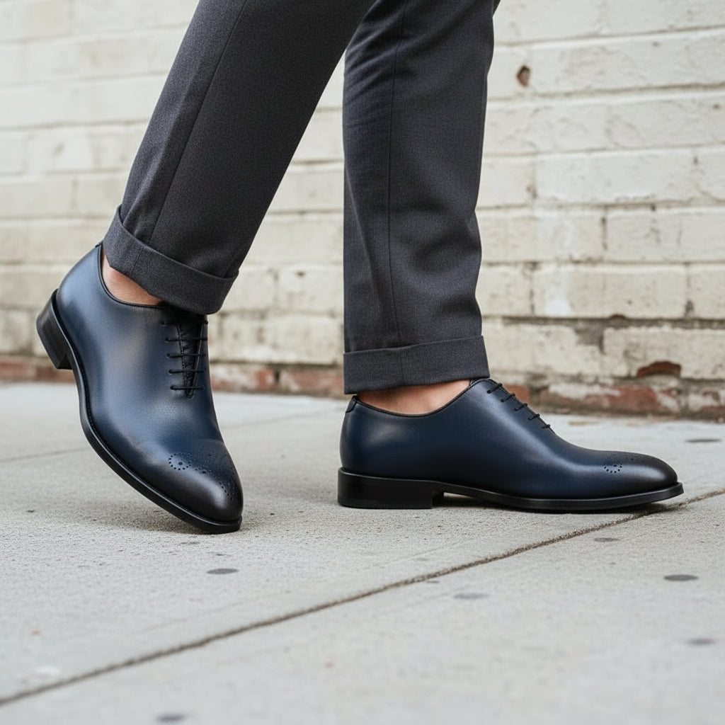 Men's Handmade Blue Whole Cut Oxford Leather Dress Shoes