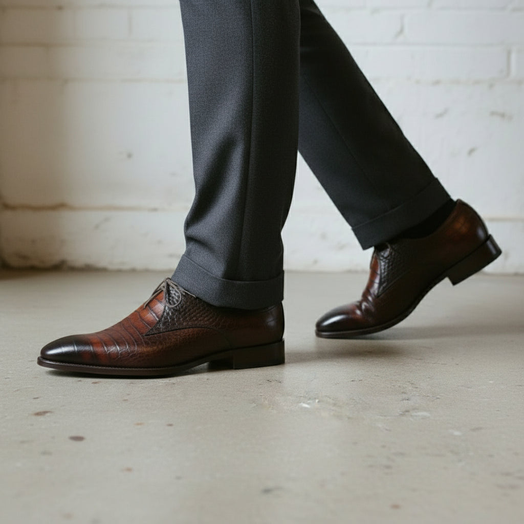 Brown Crocodile-Embossed Leather Derby Shoes — Brockett