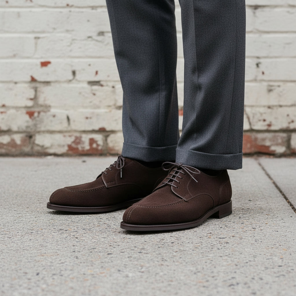 Handmade Men's Chocolate Brown Suede Derby Shoes - Norwegian Toe Brown Shoes
