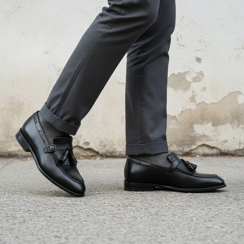 Men's Black Full-Grain Leather Fringe Buckle Loafers
