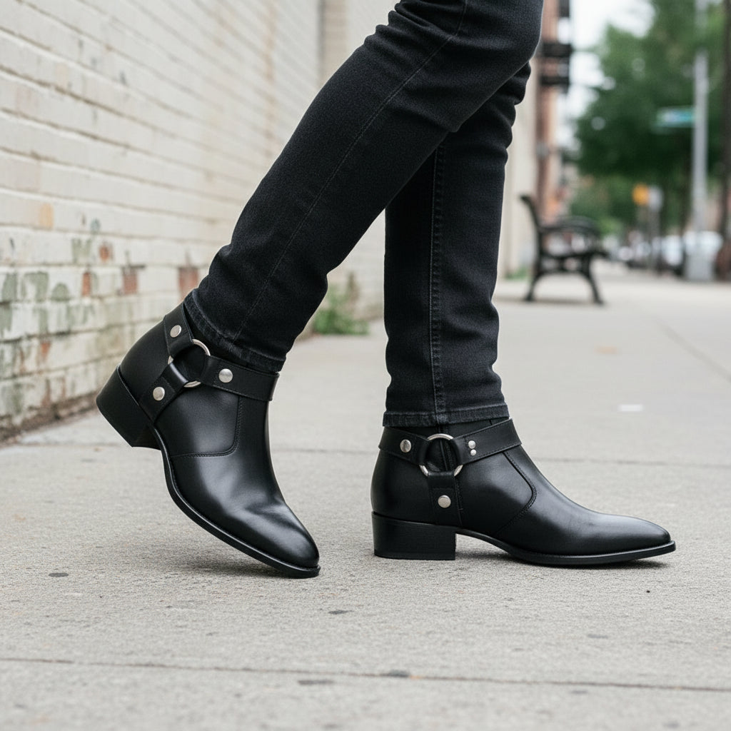Handcrafted Men's Black Leather Zip Boots with Cuban Heel