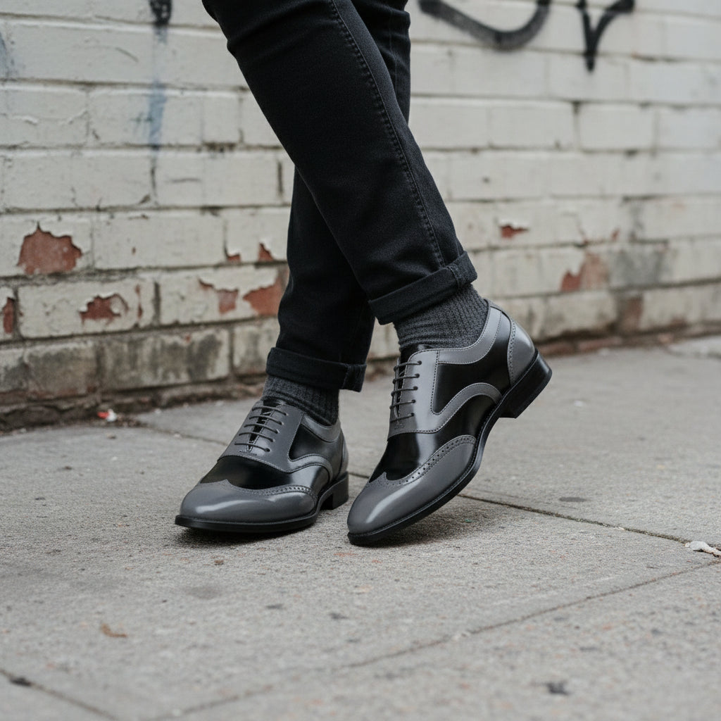 Handcrafted Black and Gray Wingtip Formal Leather Shoes