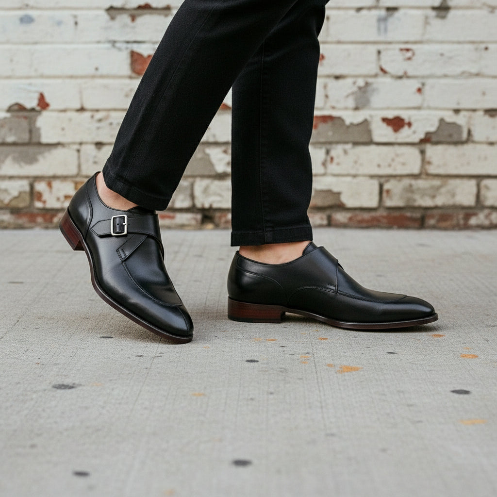 Men's Black Apron-Toe Leather Monk Strap Shoes