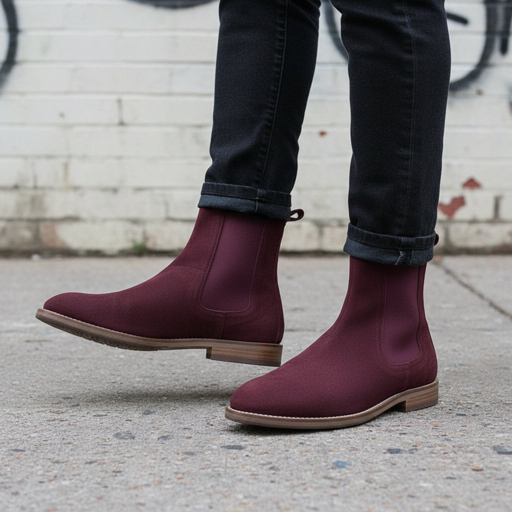 Handmade Men's Burgundy Suede Chelsea Ankle Boots